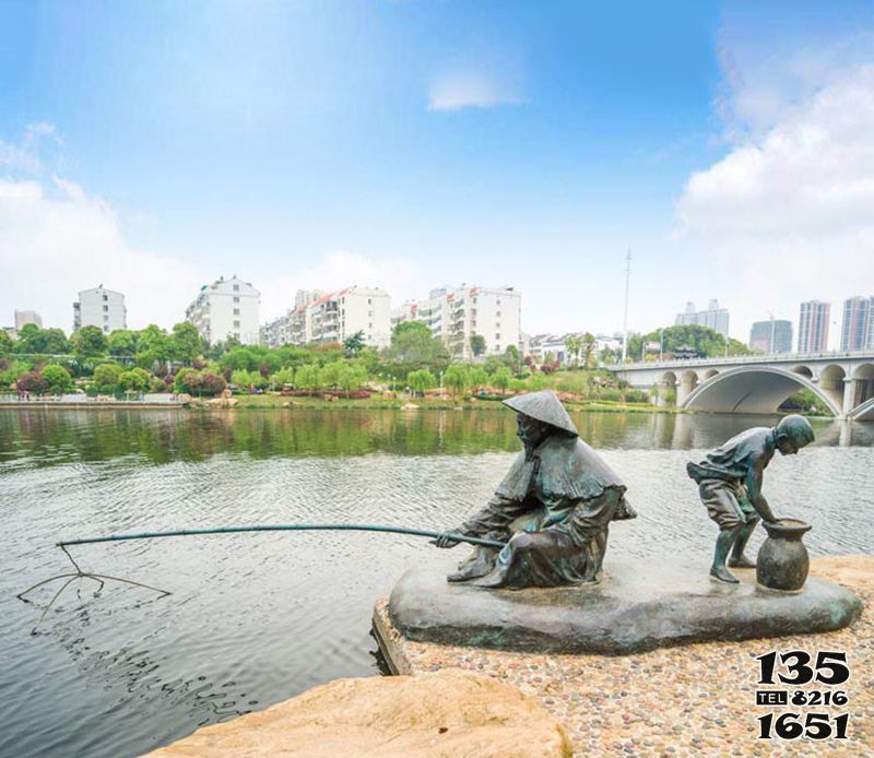 打渔雕塑-铸造渔翁钓鱼公园景观青铜雕塑高清图片