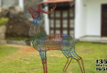 梅花鹿雕塑-不锈钢镂空创意户外草坪一只彩色铁艺梅花鹿雕塑