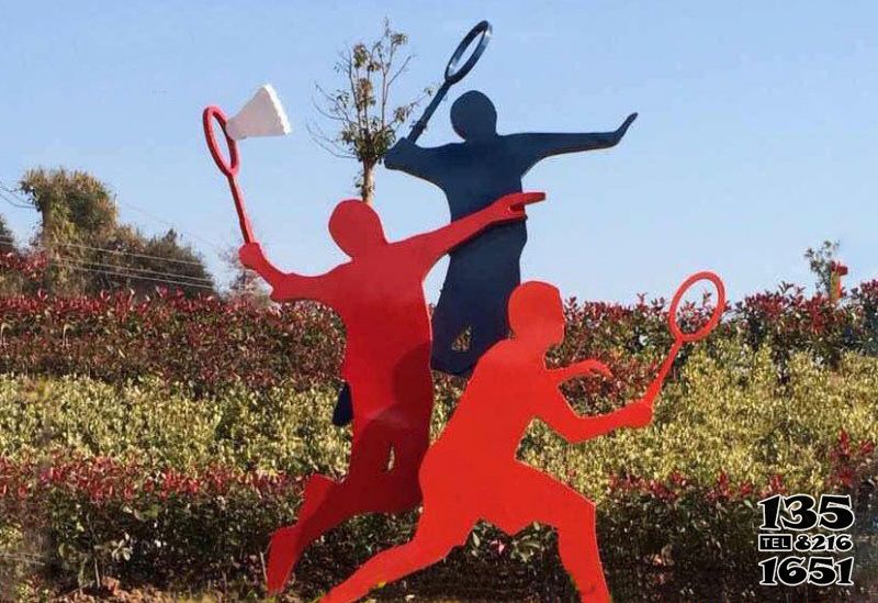 羽毛球雕塑-彩绘不锈钢打羽毛球剪影人物体育场摆放雕塑