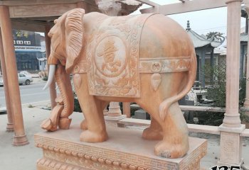 大象雕塑-酒店创意晚霞红石雕大象雕塑