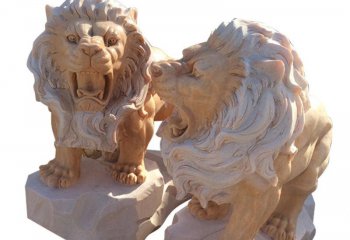 狮子雕塑-景区创意晚霞红一对怒吼的狮子雕塑