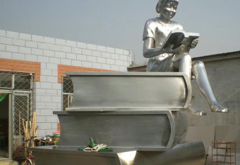 读书雕塑-公园不锈钢坐着书籍上的女孩读书雕塑