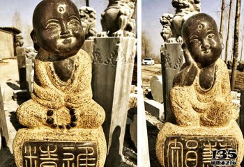人物雕塑-寺院景观摆放砂岩小和尚坐姿拴马柱雕塑