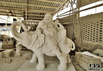 大象雕塑-寺庙创意大理石石雕弥勒佛坐着大象背上的景观装饰品大象雕塑
