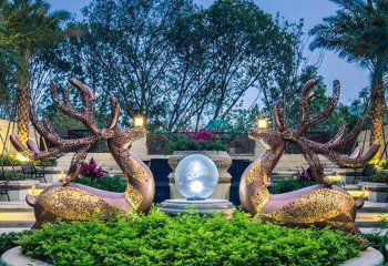 梅花鹿雕塑-公园广场花坛中的大型不锈钢两只梅花鹿雕塑