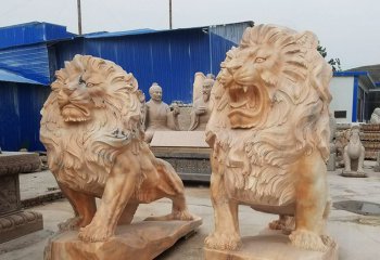 狮子雕塑-景区大型晚霞红石雕行走的石狮子雕塑