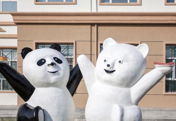熊猫雕塑-学院广场手拉手玩耍玻璃钢熊猫雕塑