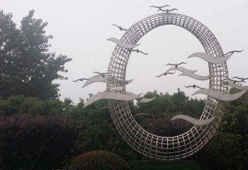 圆环雕塑-城市广场创意不锈钢铁艺镂空群鸟齐飞的圆环雕塑