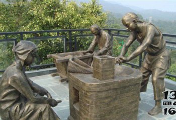 茶雕塑-广场铜雕女子烘茶的人物景观茶雕塑