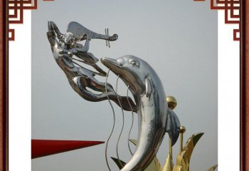 海豚雕塑-景区一个弹琵琶的女孩和一只不锈钢海豚雕塑
