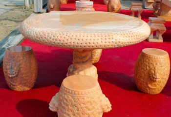 石桌雕塑-晚霞红浮雕圆桌别墅庭院摆放休闲石桌圆凳