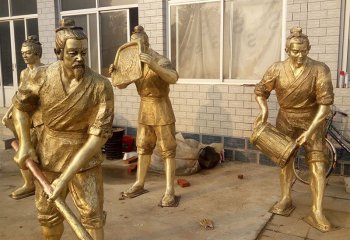 农耕雕塑-学院公园玻璃钢金色劳作农民铸铜漆金雕塑