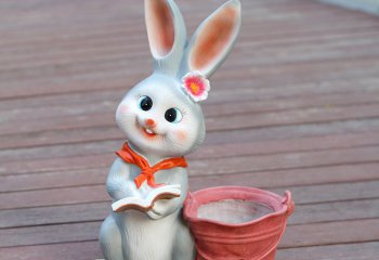 兔子雕塑-幼儿园一只看书的灰色玻璃钢兔子雕塑