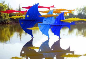 鱼雕塑-池塘一群不锈钢多彩的抽象鱼雕塑