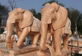 大象雕塑-小区别墅大型景观晚霞红石雕大象雕塑