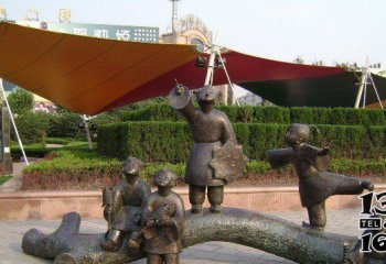 儿童雕塑-海岸景区公园仿古做旧儿童放风筝铜雕塑