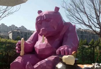 熊雕塑-小区别墅园林户外摆放粉色坐姿吃东西玻璃钢熊雕塑