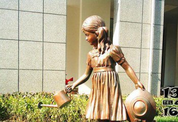 儿童雕塑-公园浇花小女孩人物铜雕儿童雕塑