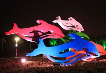 海豚雕塑-公园几只不锈钢彩色海豚雕塑