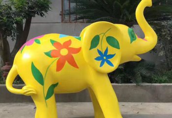 大象雕塑-户外公园玻璃钢彩绘卡通黄色大象雕塑