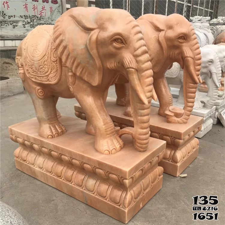 大象雕塑-酒店企业晚霞红石雕镇宅招财大象雕塑高清图片