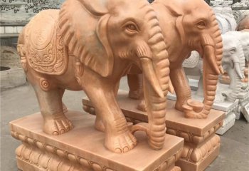 大象雕塑-酒店企业晚霞红石雕镇宅招财大象雕塑