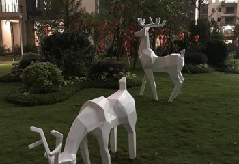 梅花鹿雕塑-公园玻璃钢低头吃草的几何梅花鹿雕塑