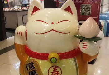 招财猫雕塑-酒店摆放的手举寿桃的玻璃钢彩绘招财猫雕塑