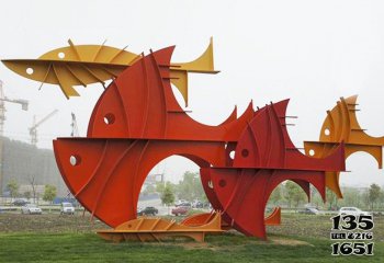 鱼雕塑-草坪装饰摆放一群不锈钢抽象鱼雕塑