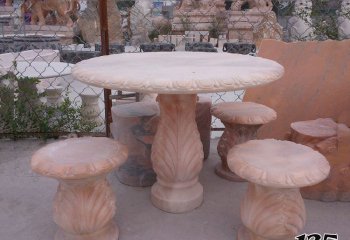 桌椅雕塑-欧式简约晚霞红圆桌凳别墅石雕