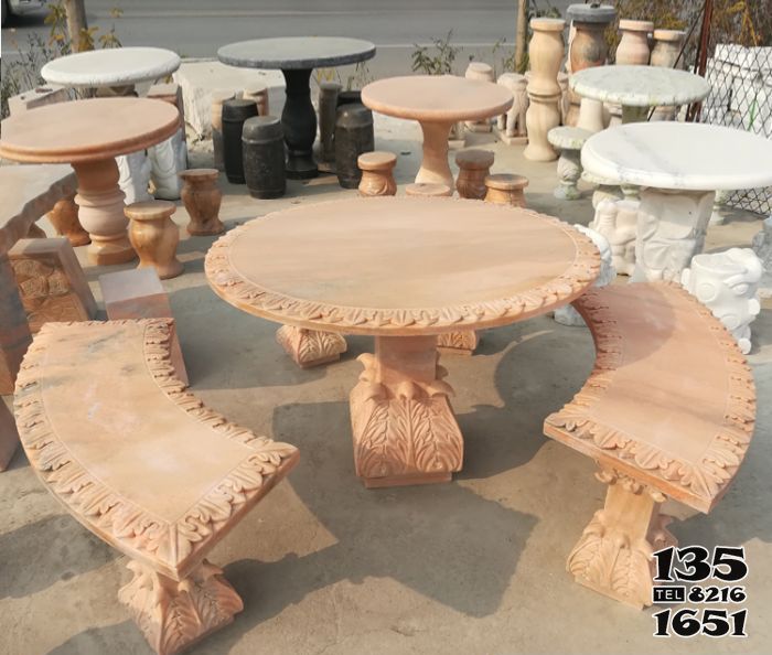 桌椅雕塑-欧式圆桌凳晚霞红别墅石雕