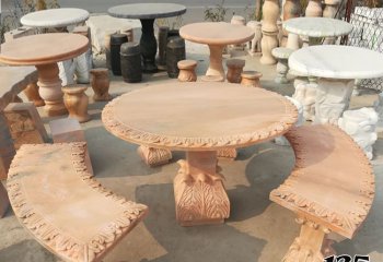 桌椅雕塑-欧式圆桌凳晚霞红别墅石雕