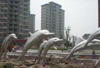 海豚雕塑-商业街多只飞跃的不锈钢海豚雕塑