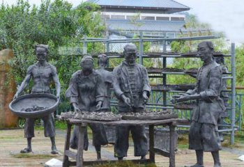茶雕塑-公园晒茶的人物铜雕