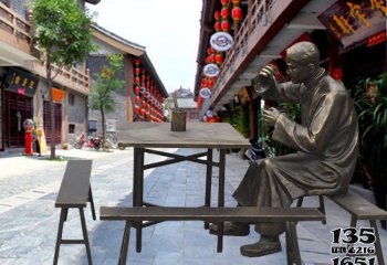 茶雕塑-广场铜雕店小二喝茶小品人物茶雕塑