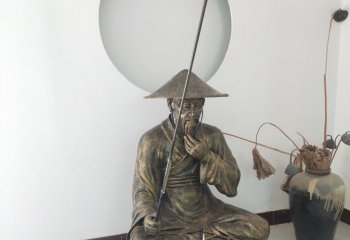 钓鱼雕塑-学院湖边摆放彩绘姜太公钓鱼人物铜雕