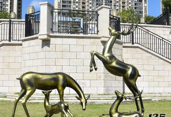 鹿雕塑-别墅小区不锈钢镜面铜雕一家四口玩耍的鹿雕塑