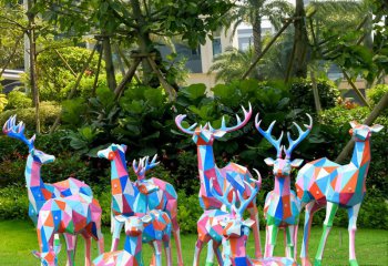 梅花鹿雕塑-公园大型园林景观装饰品玻璃钢彩绘几何梅花鹿雕塑