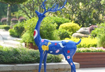梅花鹿雕塑-户外园林大型景观装饰品摆件玻璃钢彩绘蓝色梅花鹿雕塑