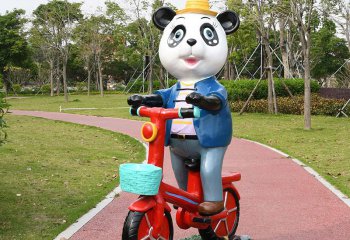 熊猫雕塑-游乐园幼儿园摆放卡通骑车熊猫玻璃钢雕塑