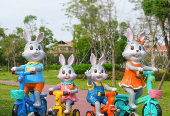 兔子雕塑-商场儿童游乐园骑车兔子一家玻璃钢雕塑