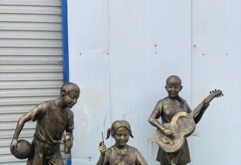 小孩仿铜像-玻璃钢打篮球、画画、弹吉他少年人物雕塑