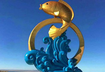 鱼雕塑-广场一只金色黄铜鲤鱼跃龙门鱼雕塑