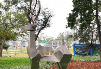 鹿雕塑-户外草坪装饰品不锈钢几何鹿雕塑