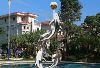 海豚雕塑-别墅池塘一群玩球的不锈钢镜面海豚雕塑