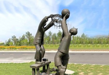 篮球雕塑-儿童打篮球公园情景小品玻璃钢仿铜雕塑