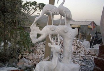 仙鹤雕塑-景区创意汉白玉石雕羊群鹤站着树上的鹤雕塑