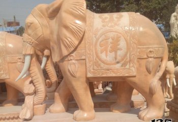 大象雕塑-景区晚霞红石雕吉祥浮雕大象雕塑