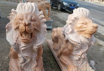 狮子雕塑-晚霞红石雕创意大型仿真狮子雕塑