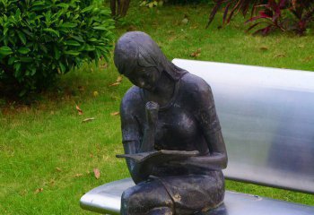 读书雕塑-公园铜雕坐着长椅上的女孩读书雕塑